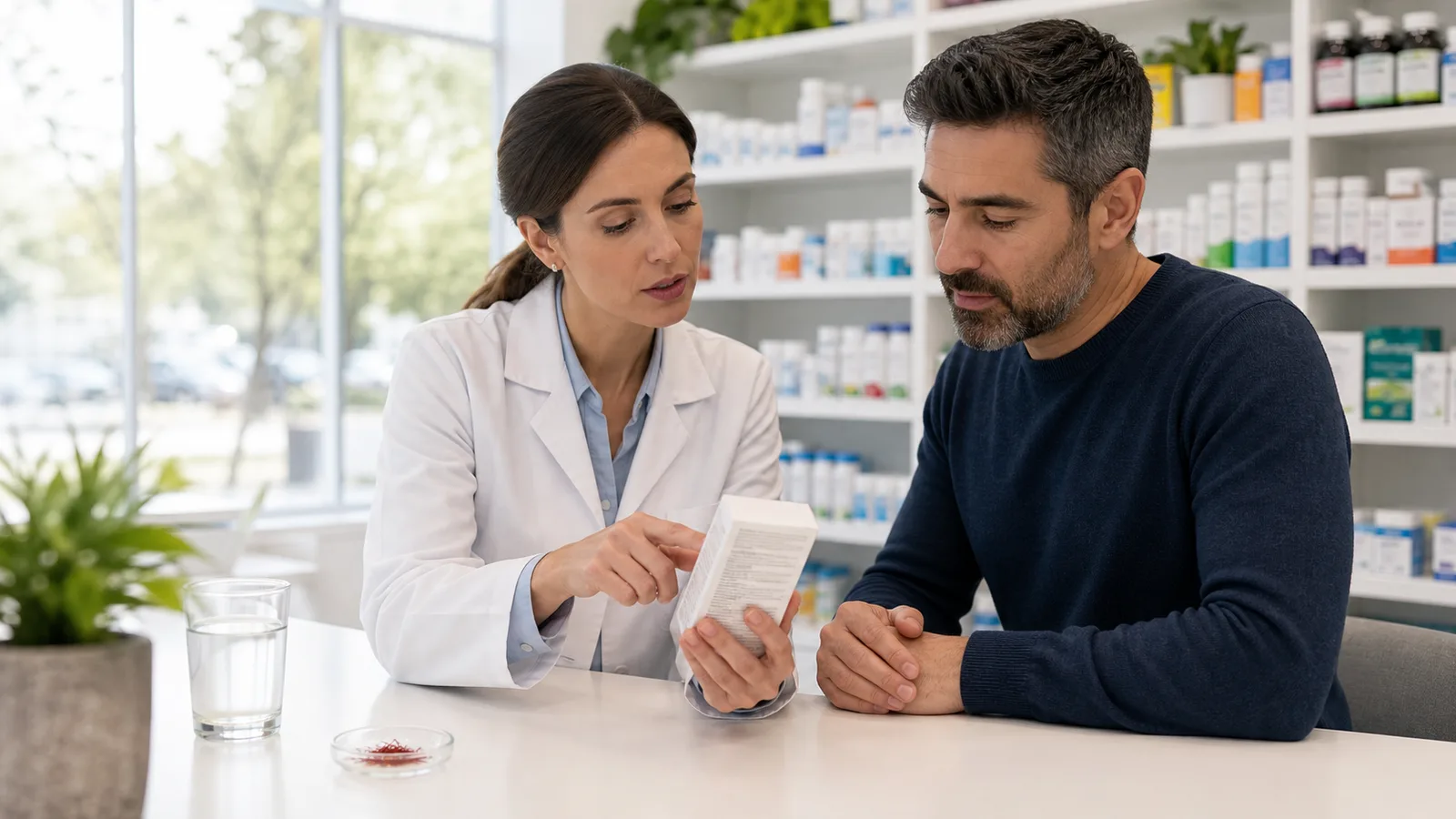 Pharmacist reviewing saffron supplement safety with a customer