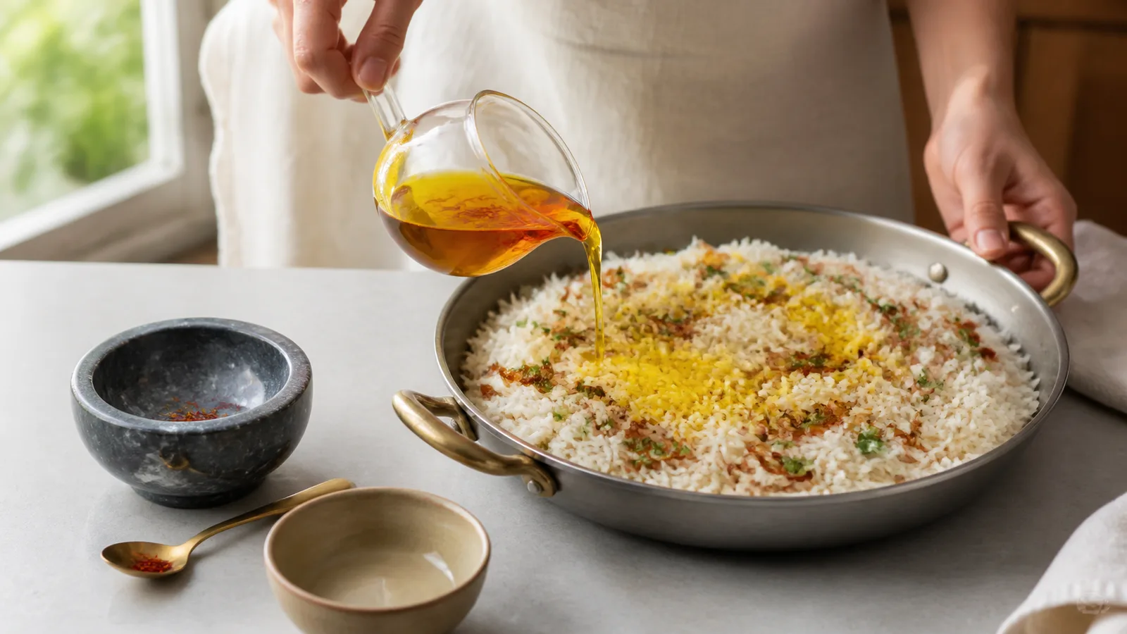 Cook pouring bloomed saffron infusion over a pan of rice