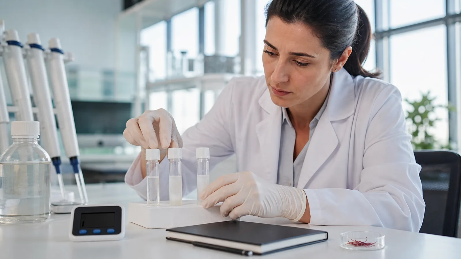 Researcher arranging saliva samples beside a small dish of saffron