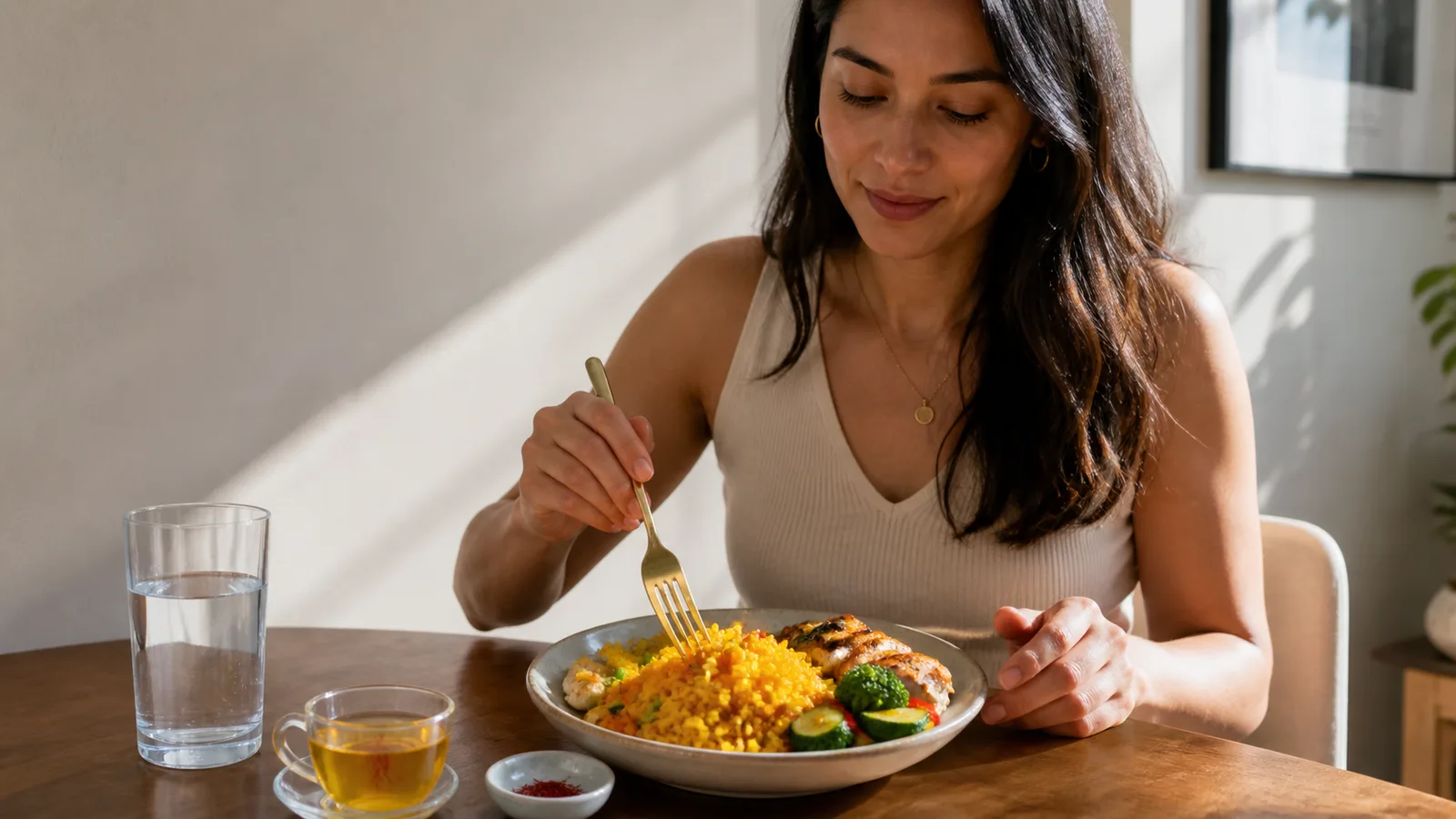 Woman eating a balanced meal with saffron rice and saffron infusion