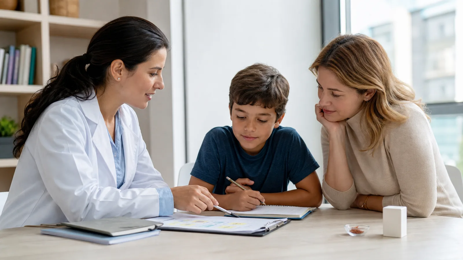 Clinician and parent reviewing an ADHD care plan with a child