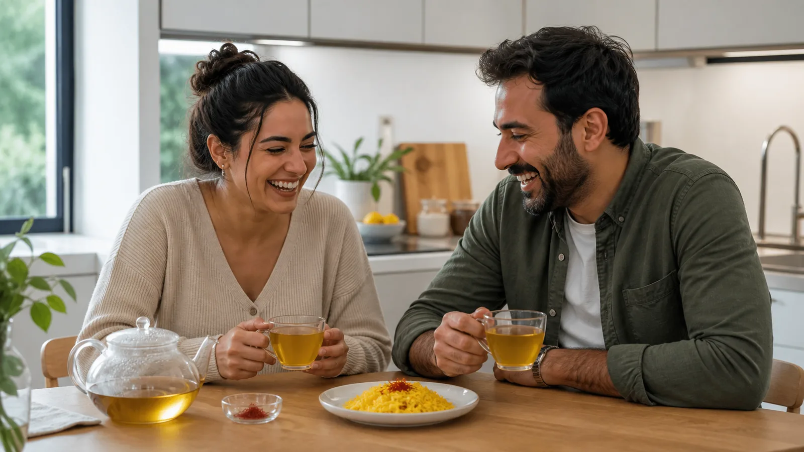 Two adults sharing a natural laugh over saffron tea and rice