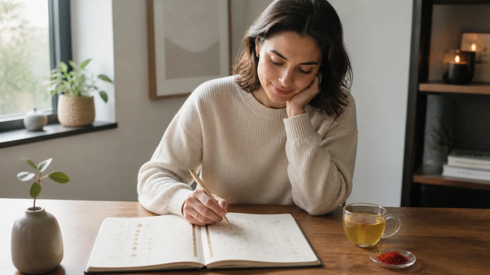 Woman tracking weekly mood changes beside a cup of saffron tea