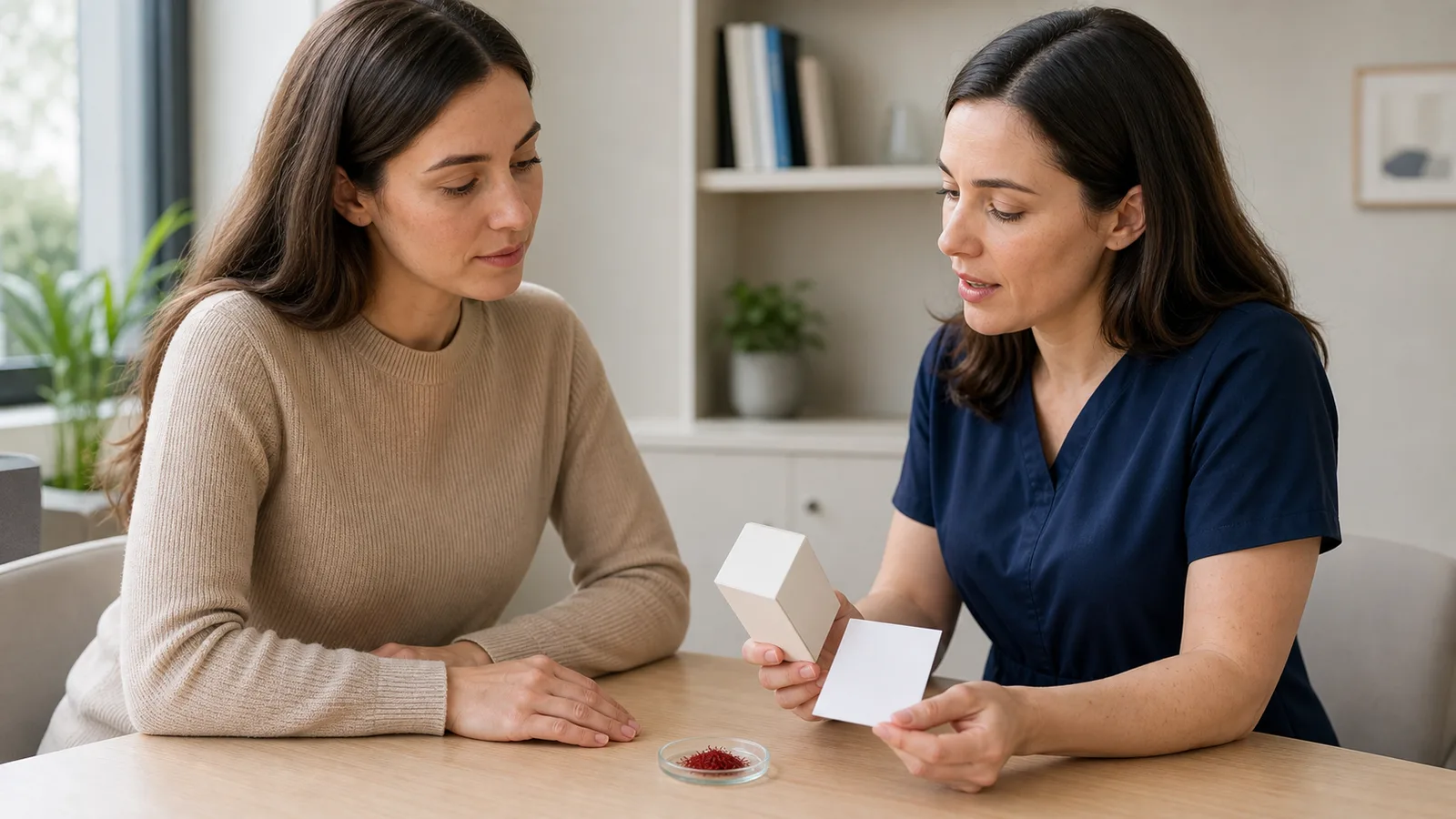 Clinician and adult reviewing a saffron supplement package together