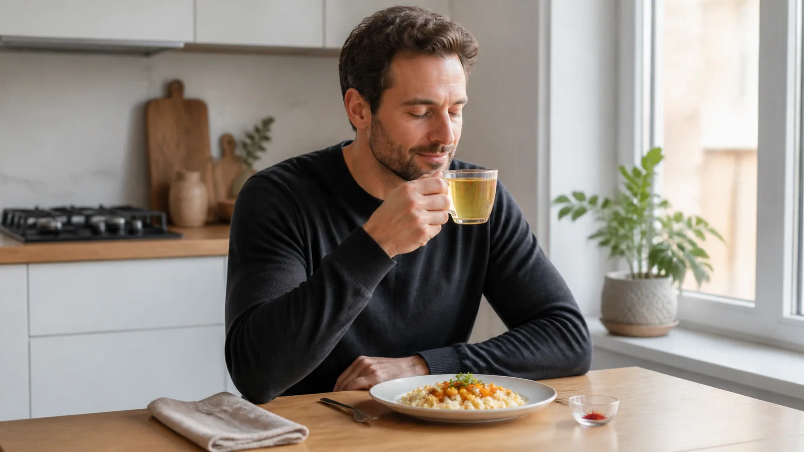 Man calmly enjoying the aroma of saffron tea with a meal