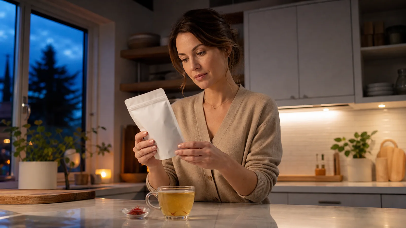 Woman checking a saffron tea package in an evening kitchen