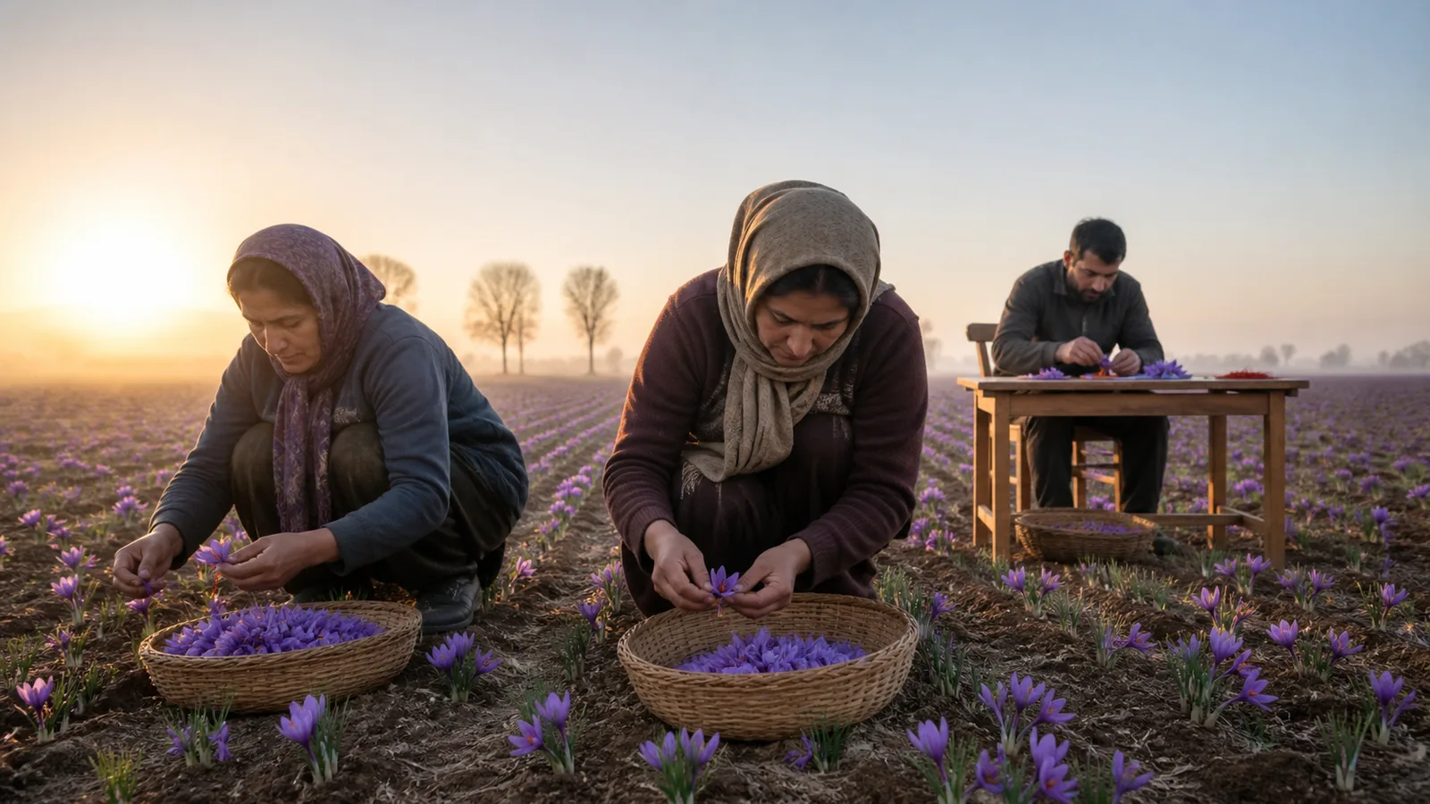 Workers hand picking saffron flowers and separating stigmas at dawn