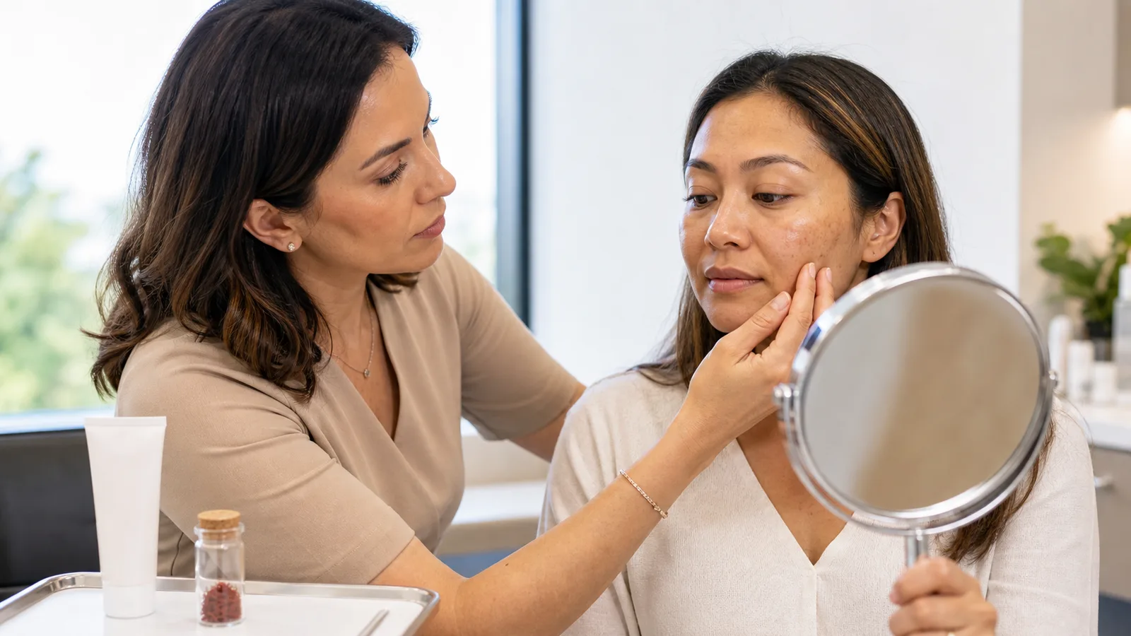Dermatologist examining subtle facial pigmentation in natural light