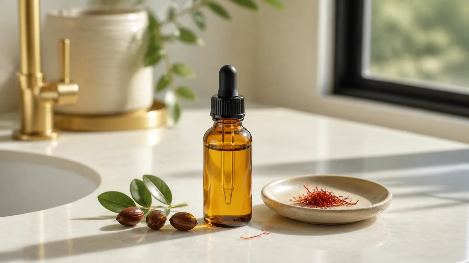 Amber dropper bottle of homemade saffron serum beside saffron strands and jojoba seeds
