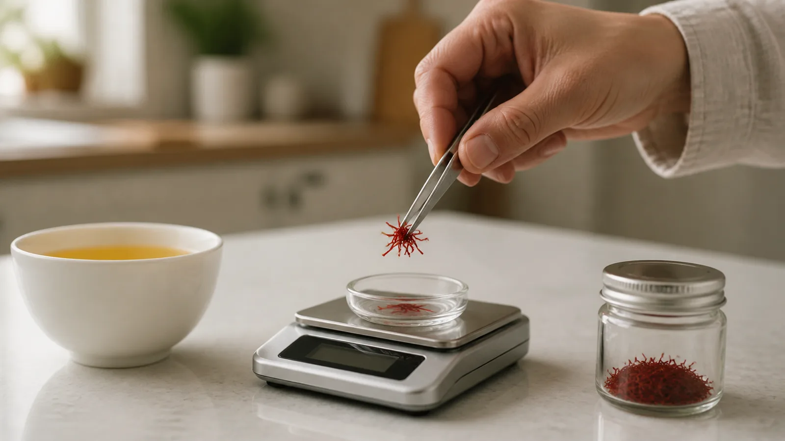 Hand measuring saffron strands on a precision scale beside a cup of saffron tea