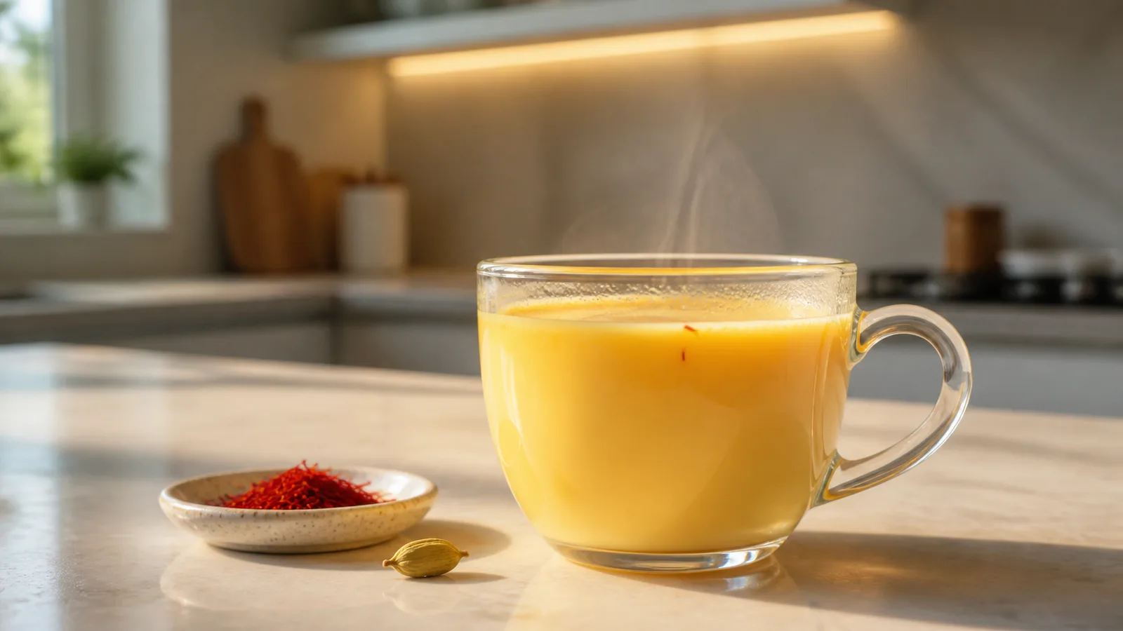 Warm golden saffron milk with saffron threads and cardamom in a modern kitchen