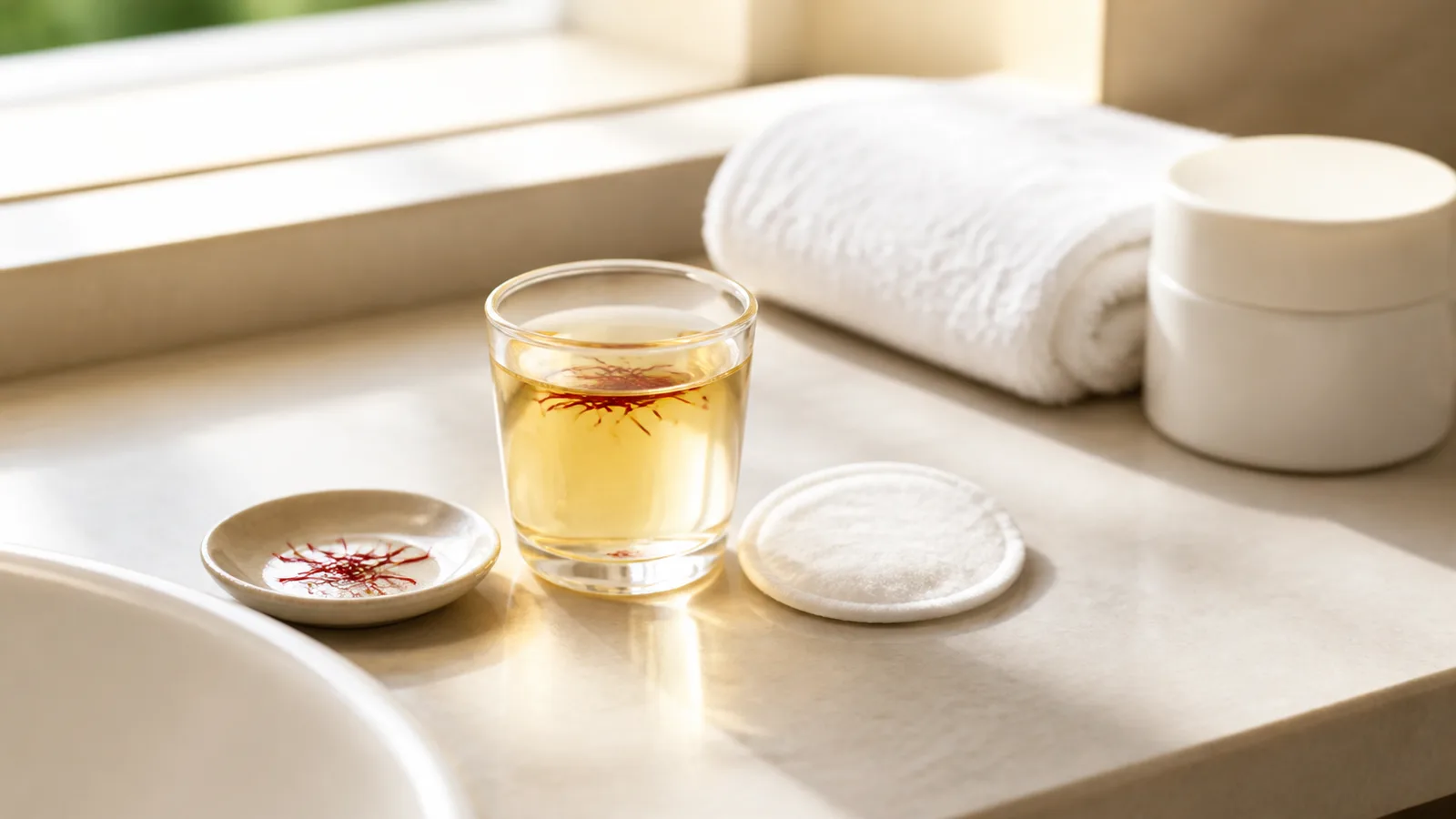 Fresh saffron toner infusion with a cotton pad on a clean bathroom vanity