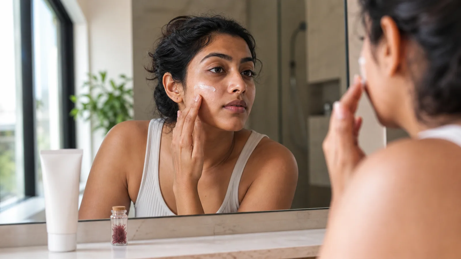 Woman applying moisturizer to natural skin with saffron and sunscreen nearby