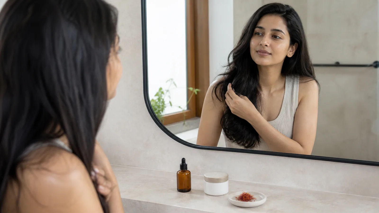 Woman caring for her hair at a vanity with saffron and simple skincare products