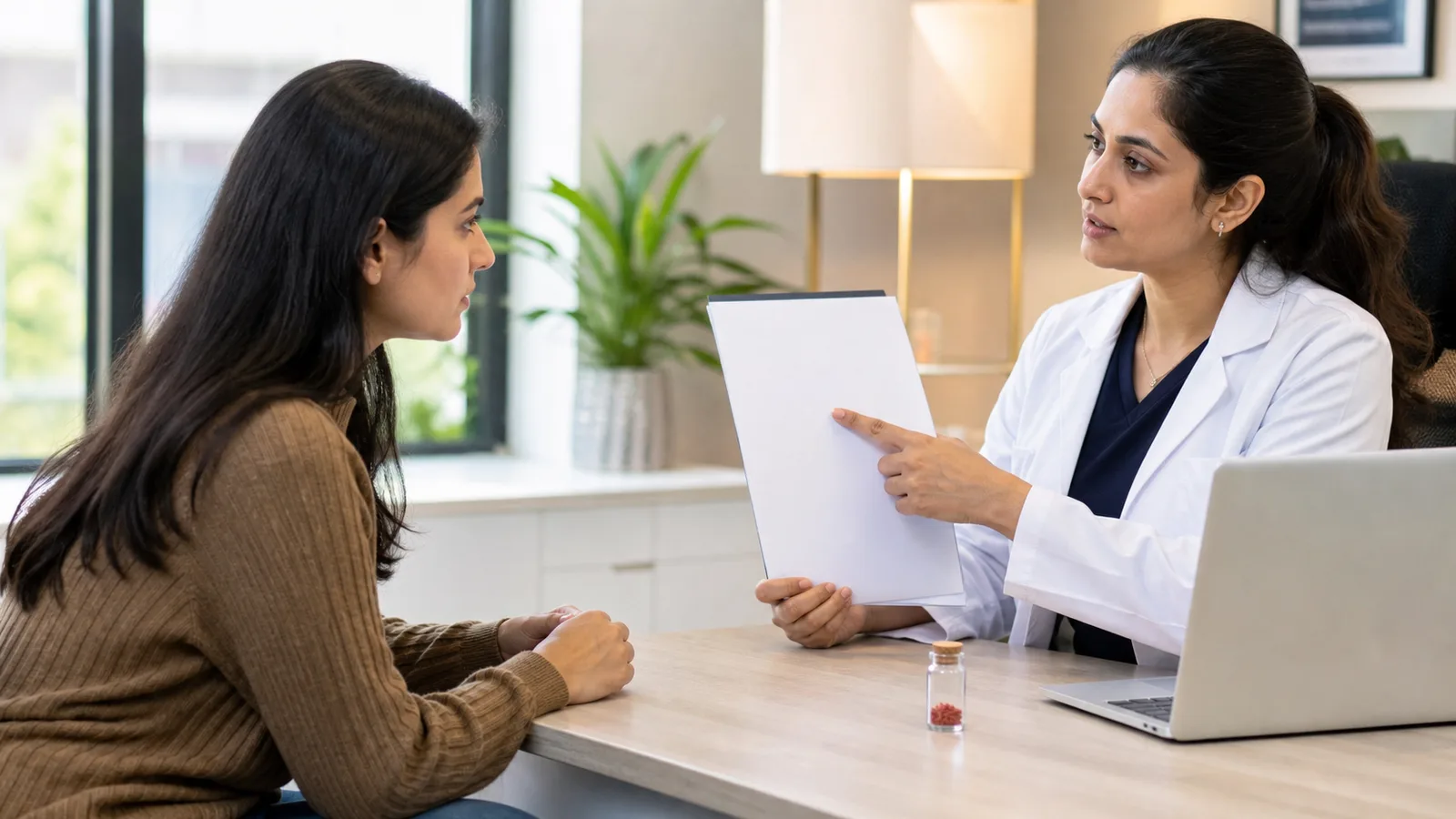 Woman discussing a blank hormone report with a clinician beside a small vial of saffron