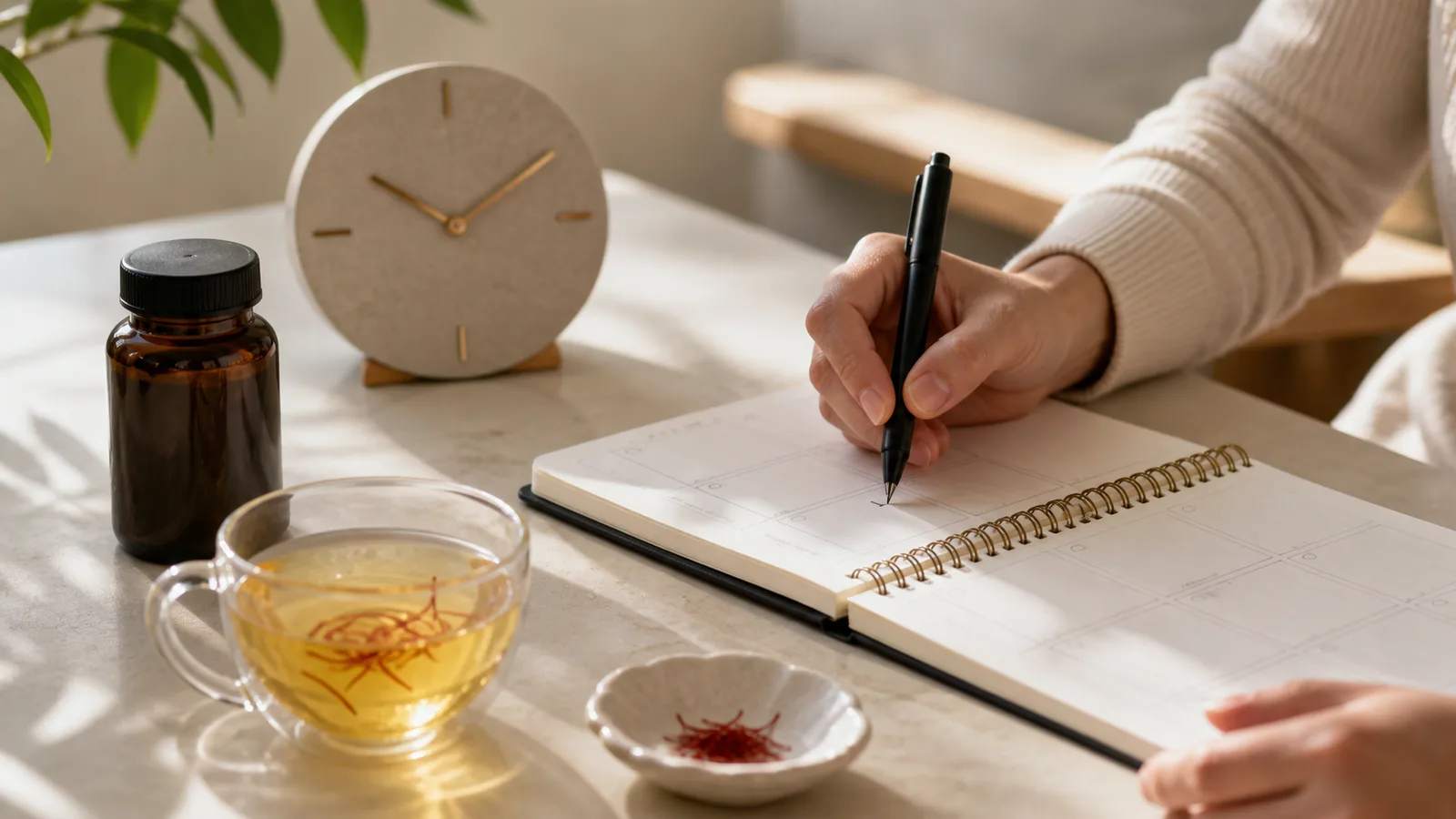 Person marking a weekly tracker beside saffron tea, saffron threads and a clock