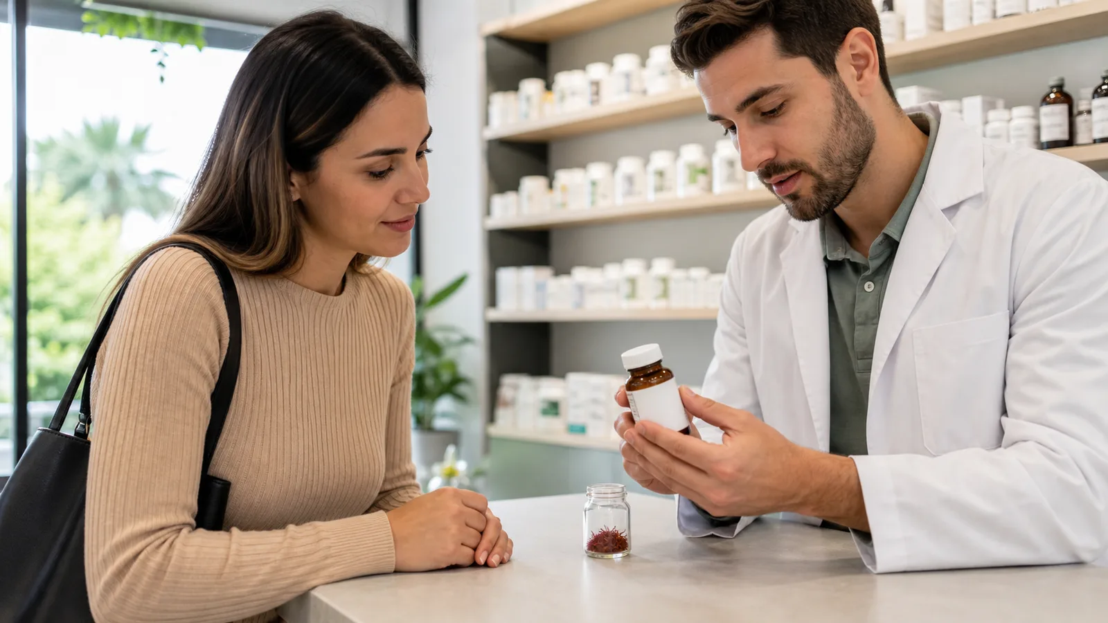 Pharmacist reviewing a supplement bottle beside a small jar of saffron
