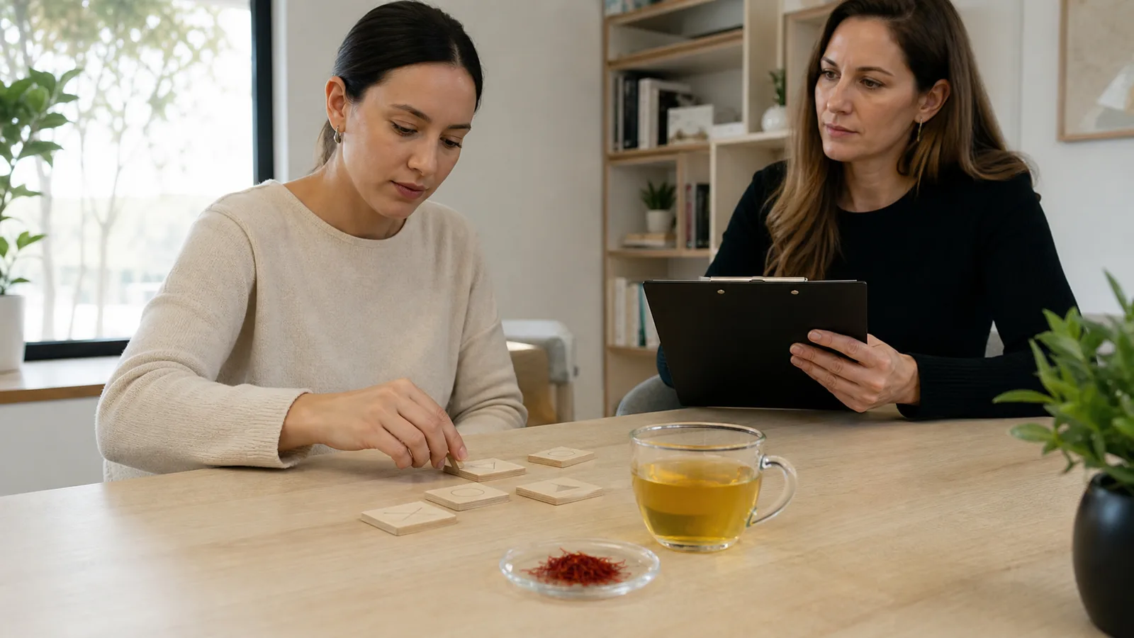 Clinician observing a memory exercise beside saffron and saffron tea