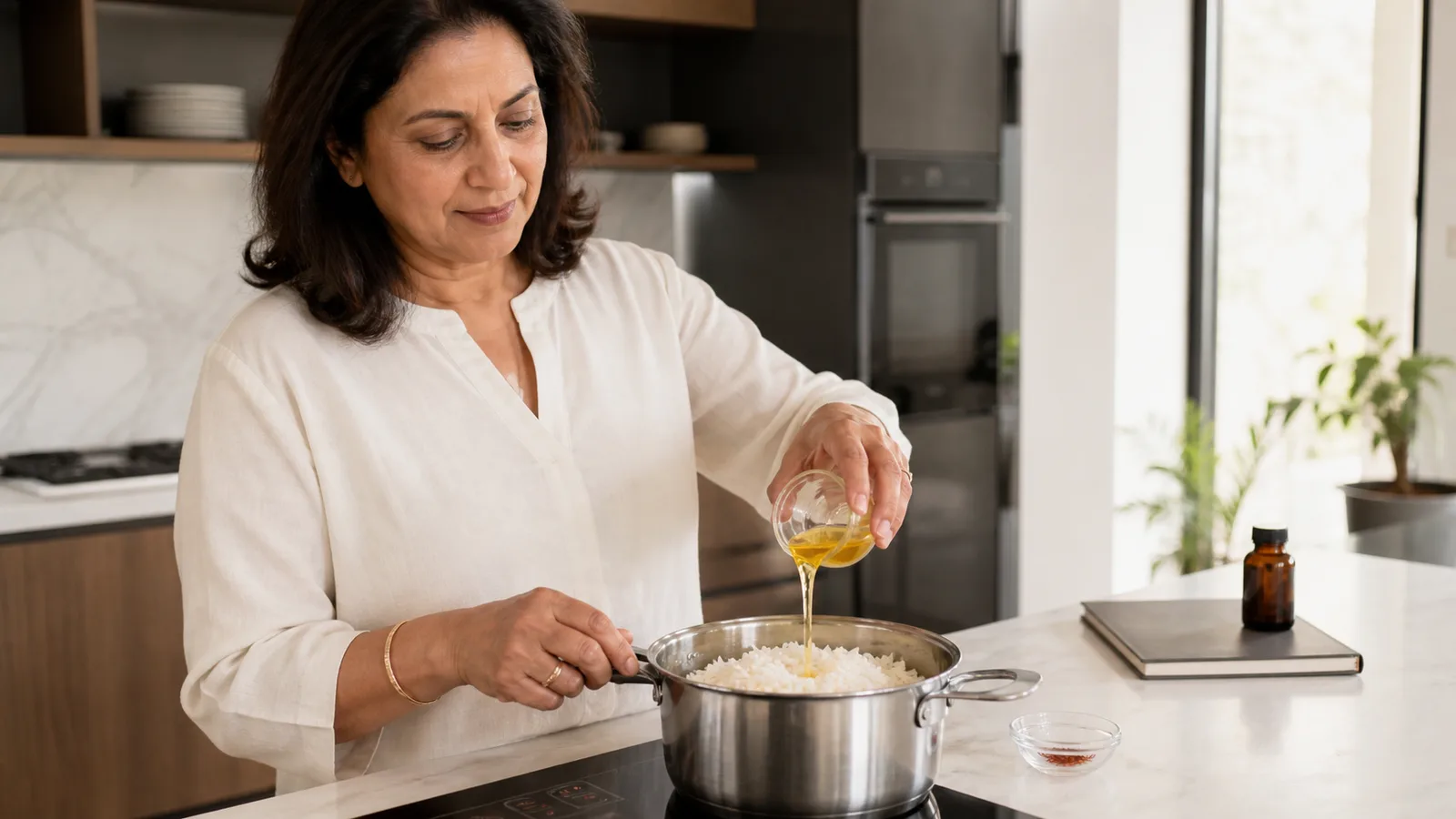 Cook adding saffron infusion to rice beside a closed supplement bottle