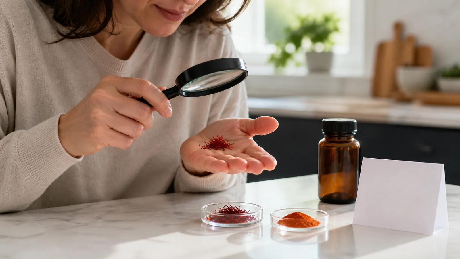 Consumer inspecting saffron threads beside powder and a closed supplement bottle