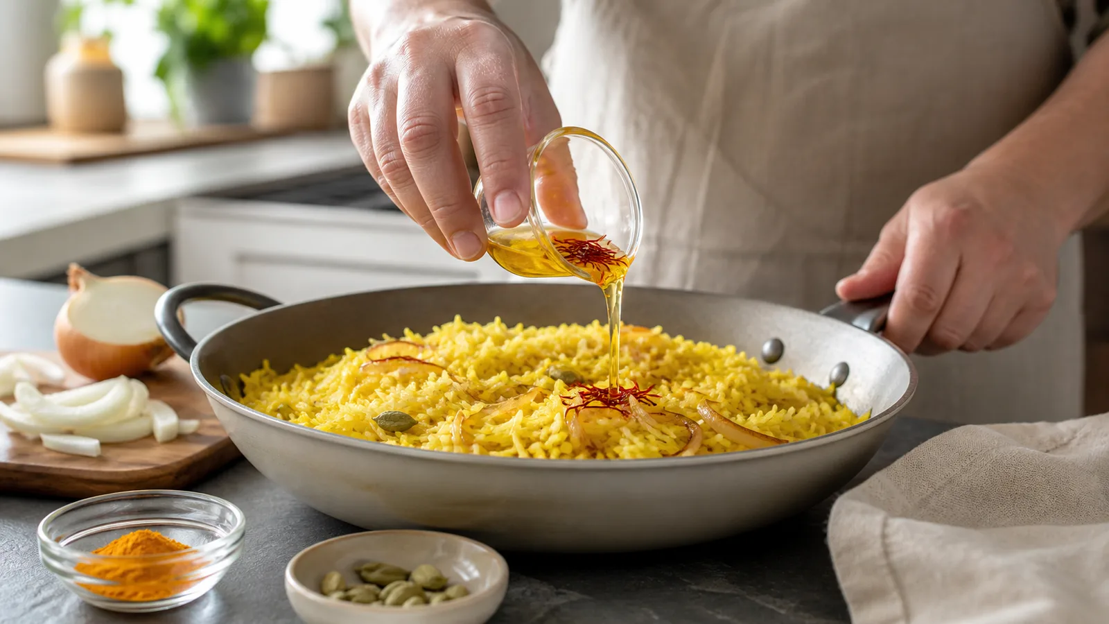 Cook pouring saffron infusion into turmeric rice