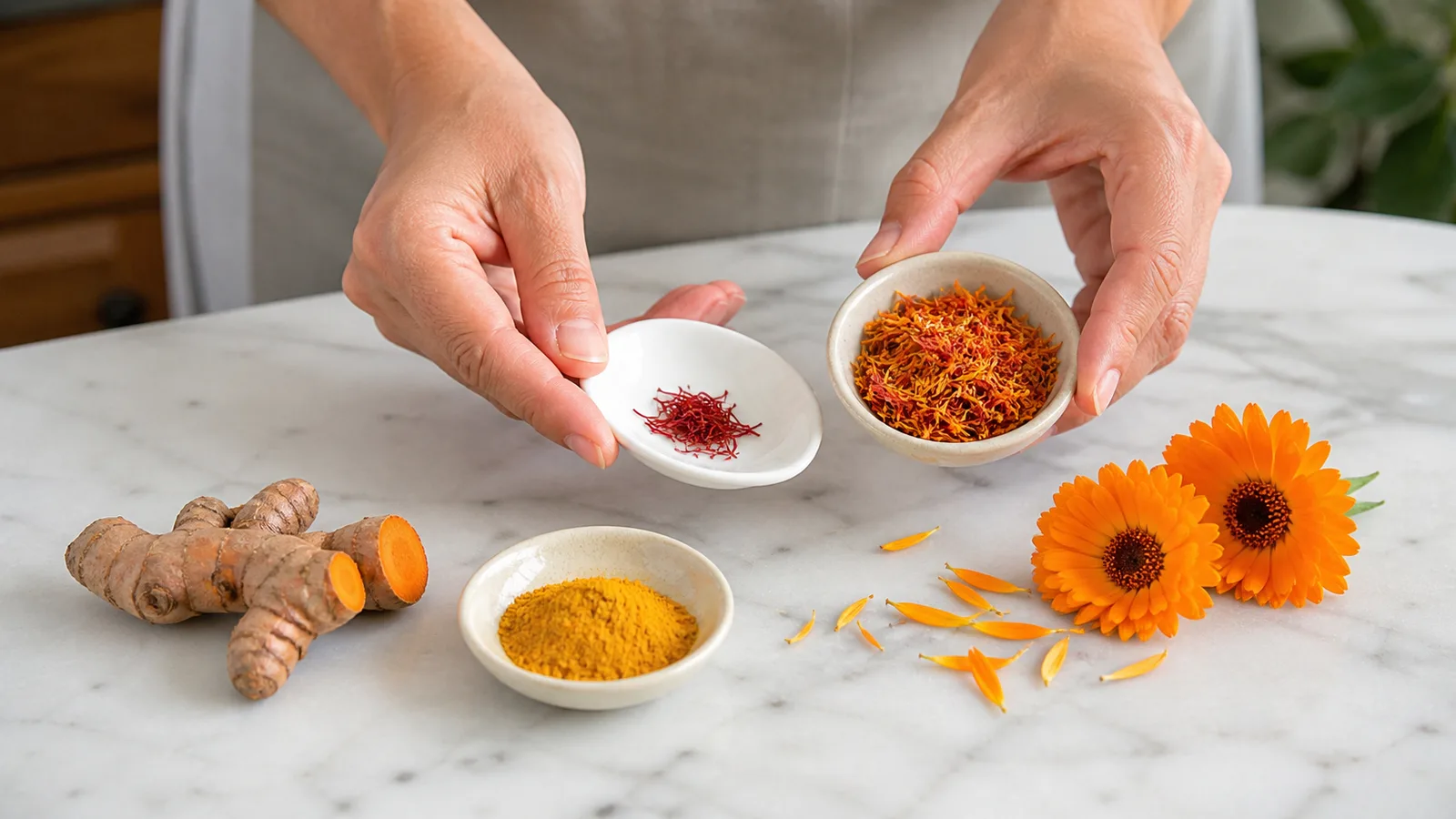 Genuine saffron compared with safflower petals, turmeric and calendula