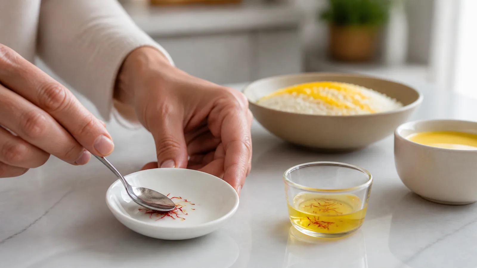 Cook lightly crushing saffron threads beside a small saffron infusion