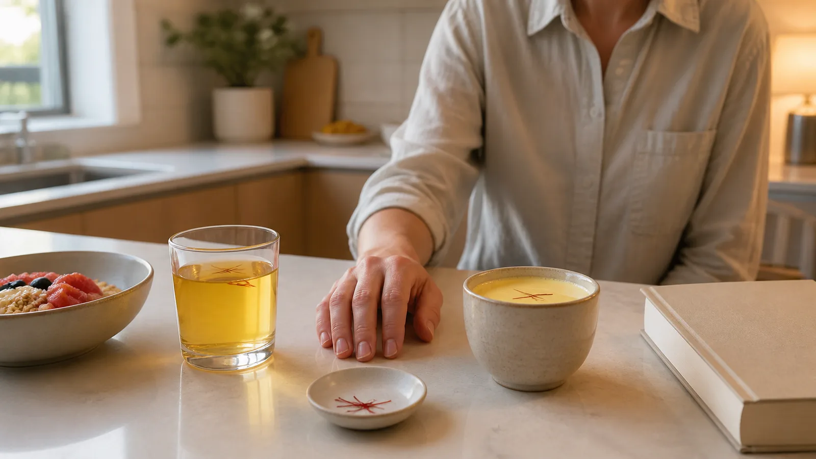 Saffron water with breakfast and saffron milk beside a book
