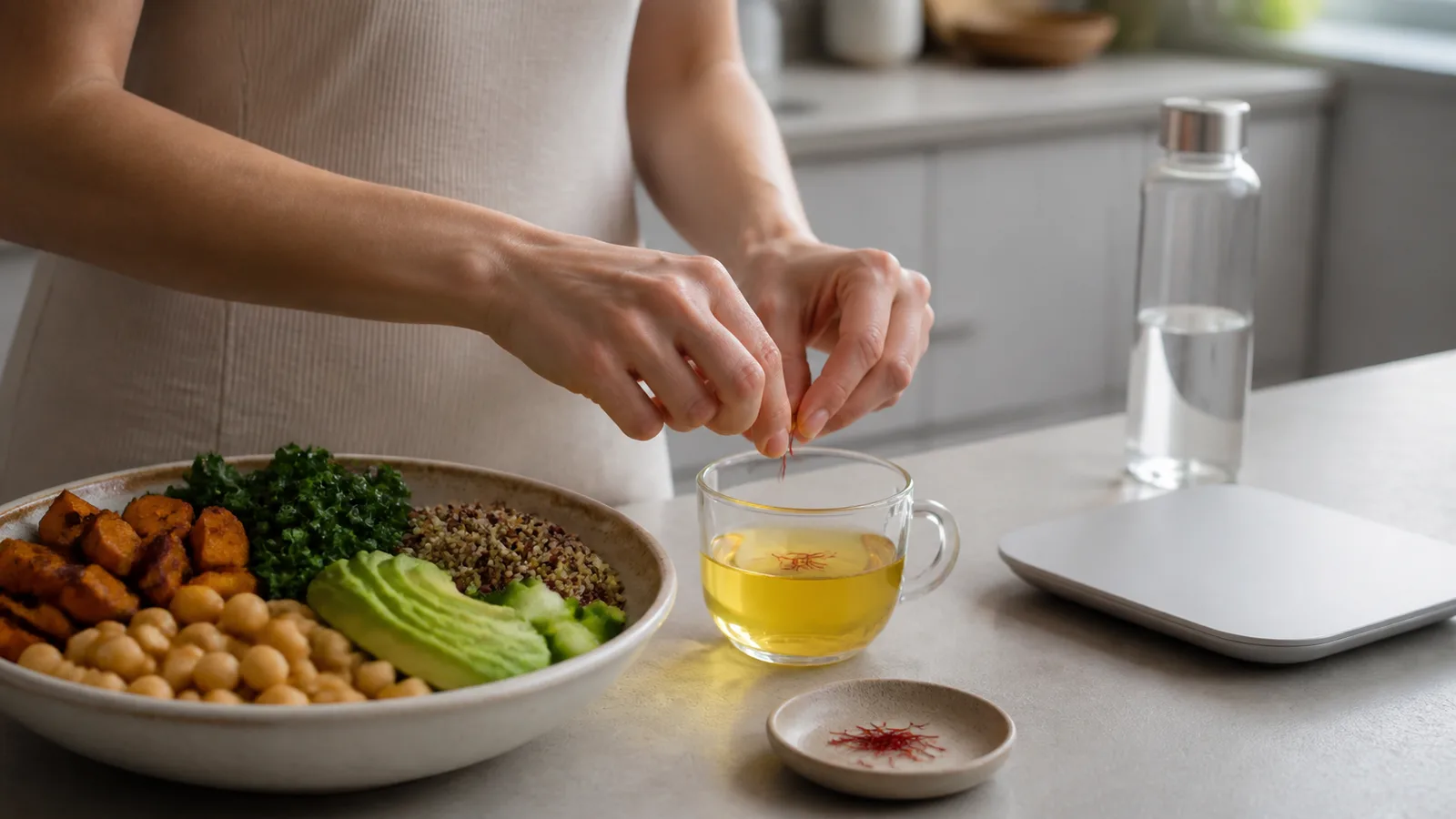 A few saffron strands beside a balanced grain and vegetable bowl