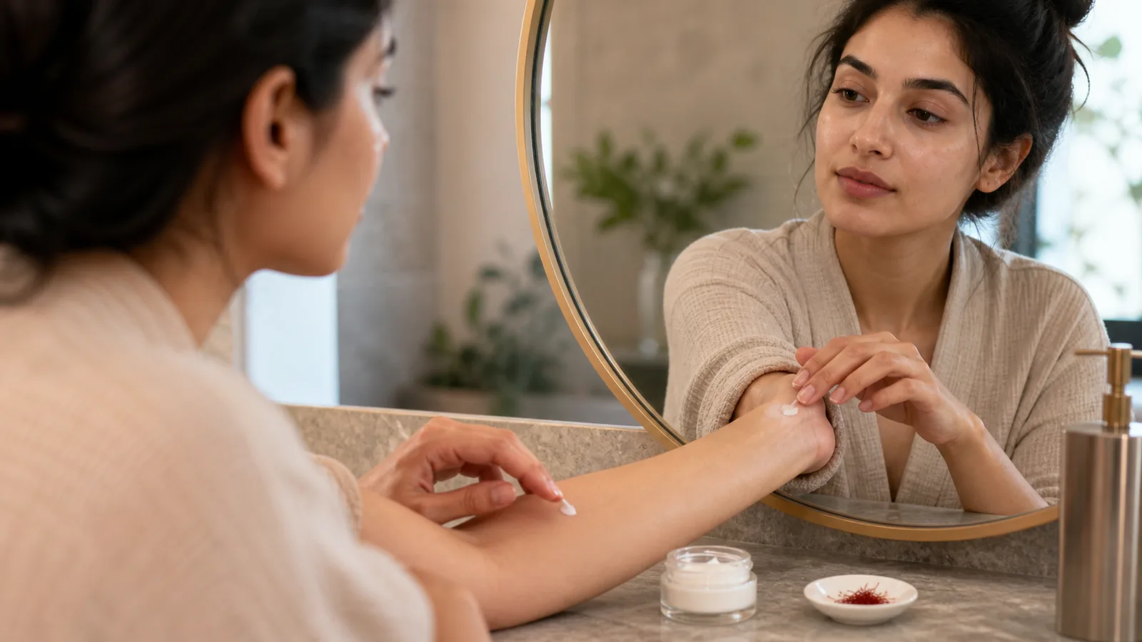 Woman patch-testing facial cream beside a small dish of saffron threads