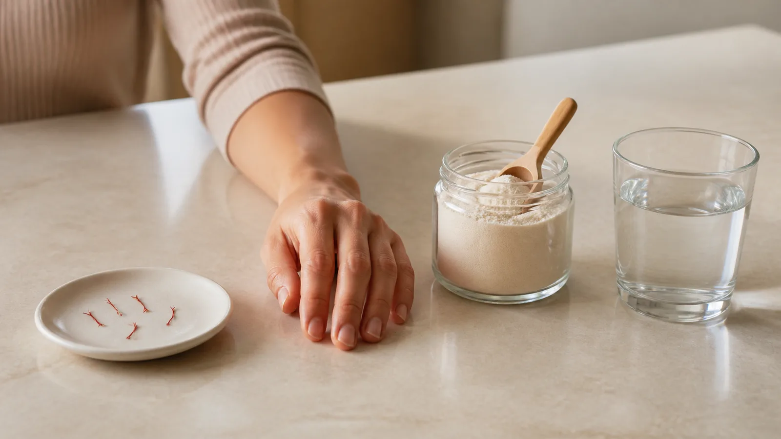 Five saffron threads beside a separate jar of collagen powder