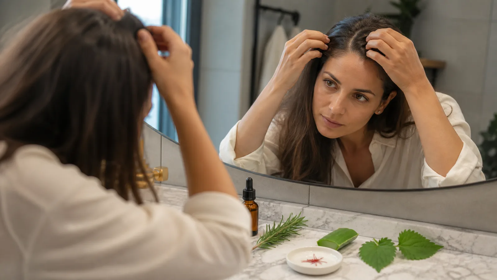 Woman checking her scalp beside rosemary aloe nettle and saffron