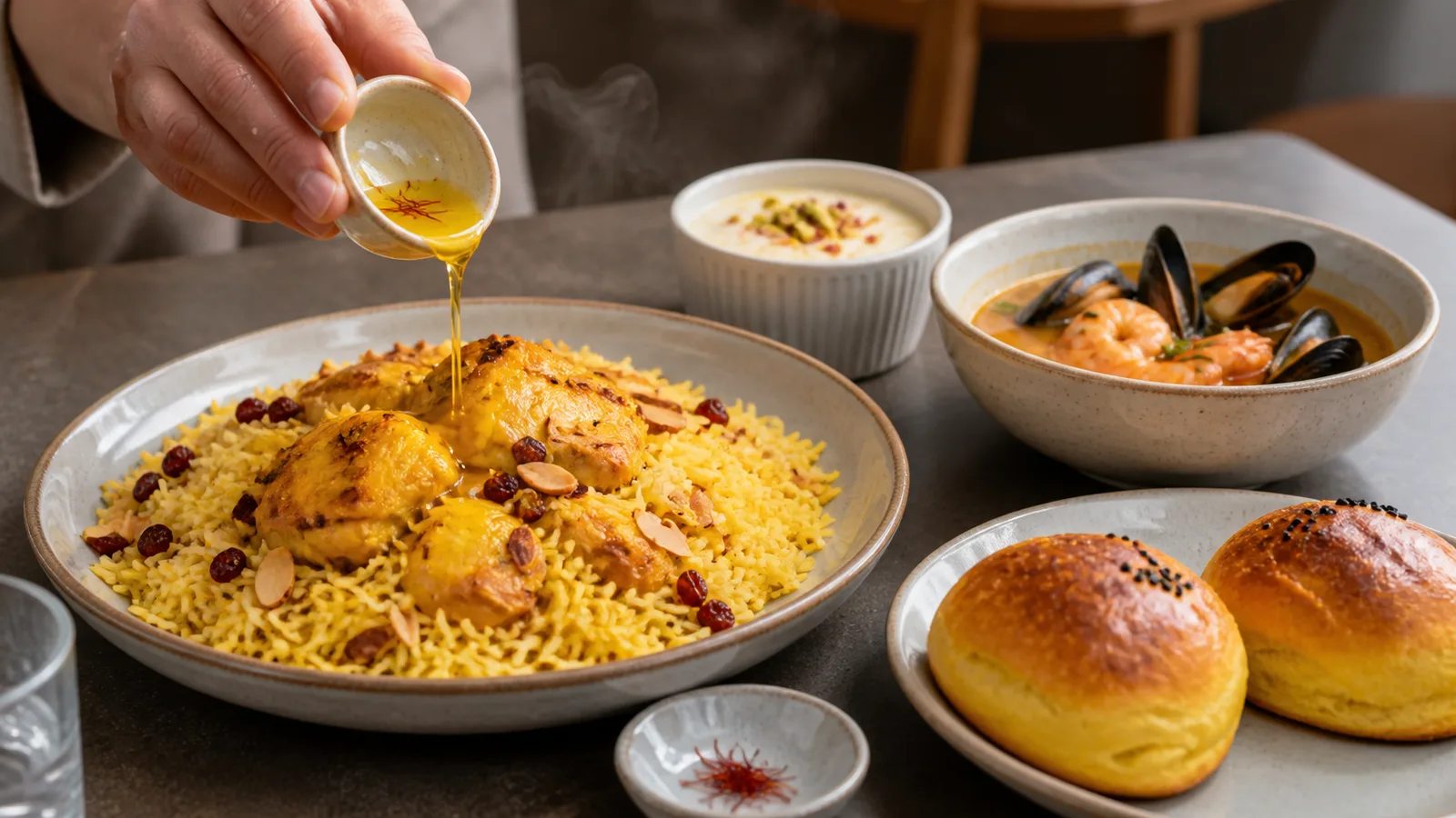 Saffron rice with seafood pudding buns and bloomed saffron