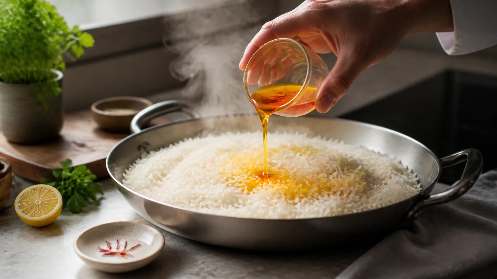 Golden saffron infusion being poured over white basmati rice