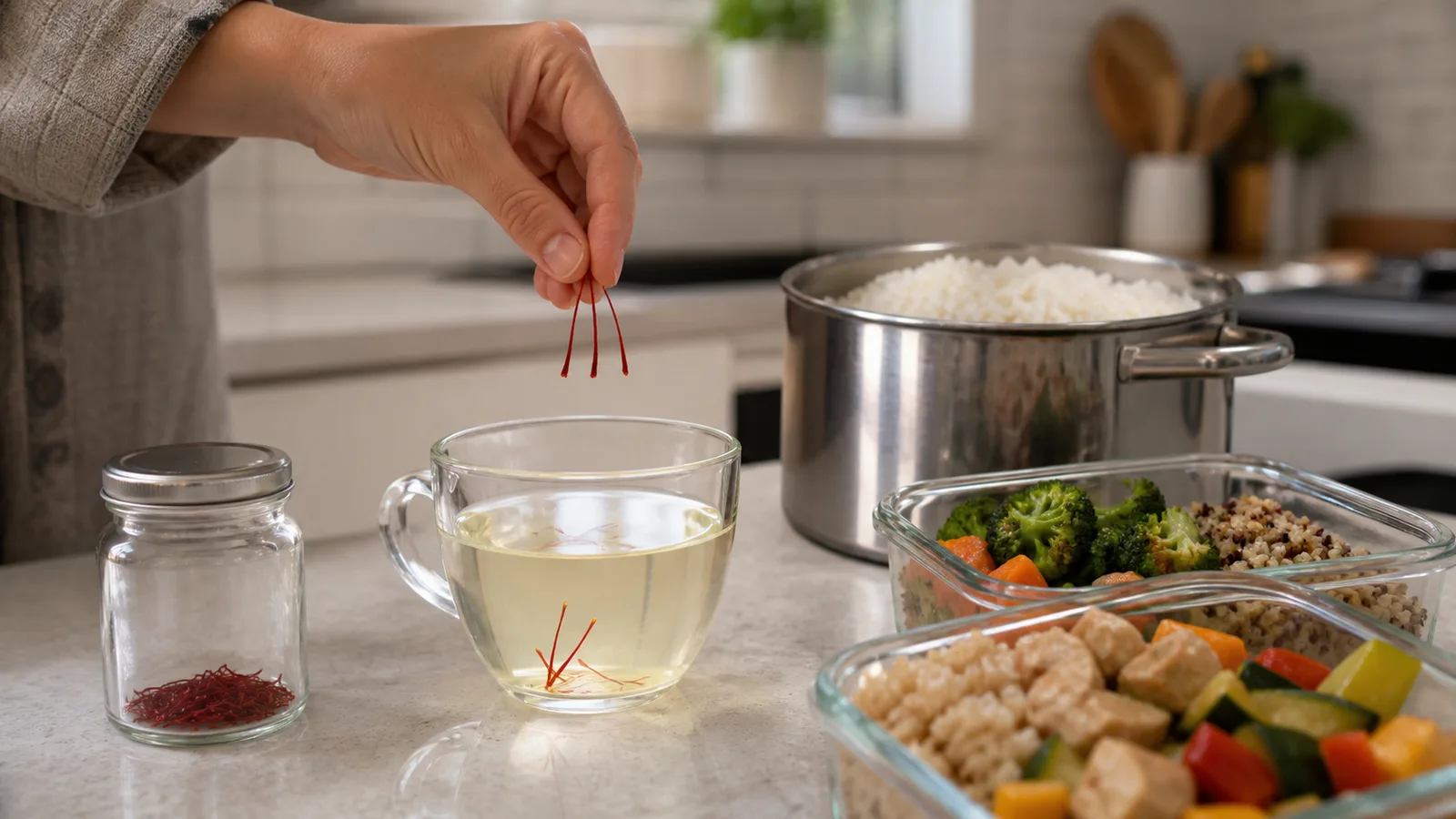 A few saffron threads added to warm water beside everyday meals