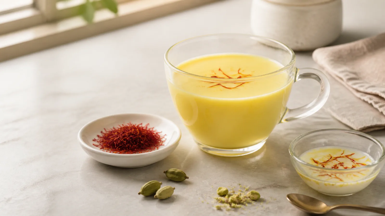 Warm saffron milk beside blooming saffron threads