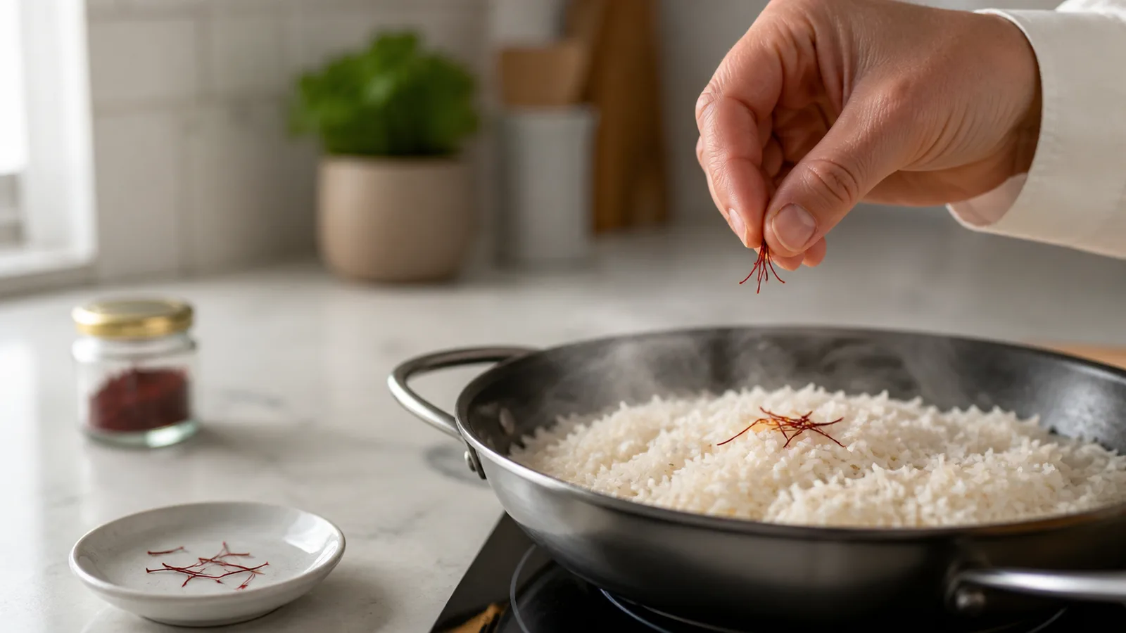 Small culinary pinch of saffron above a pan of rice