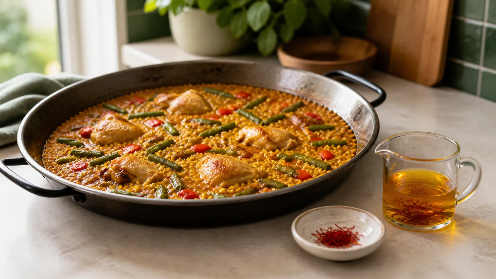 Paella pan beside a prepared saffron infusion