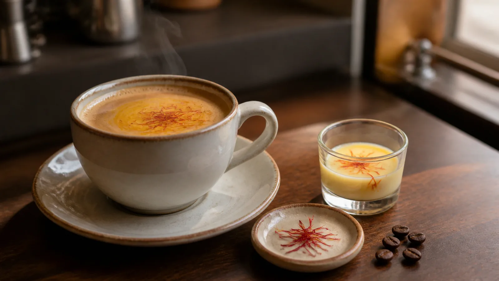 Cup of saffron coffee beside saffron infused milk