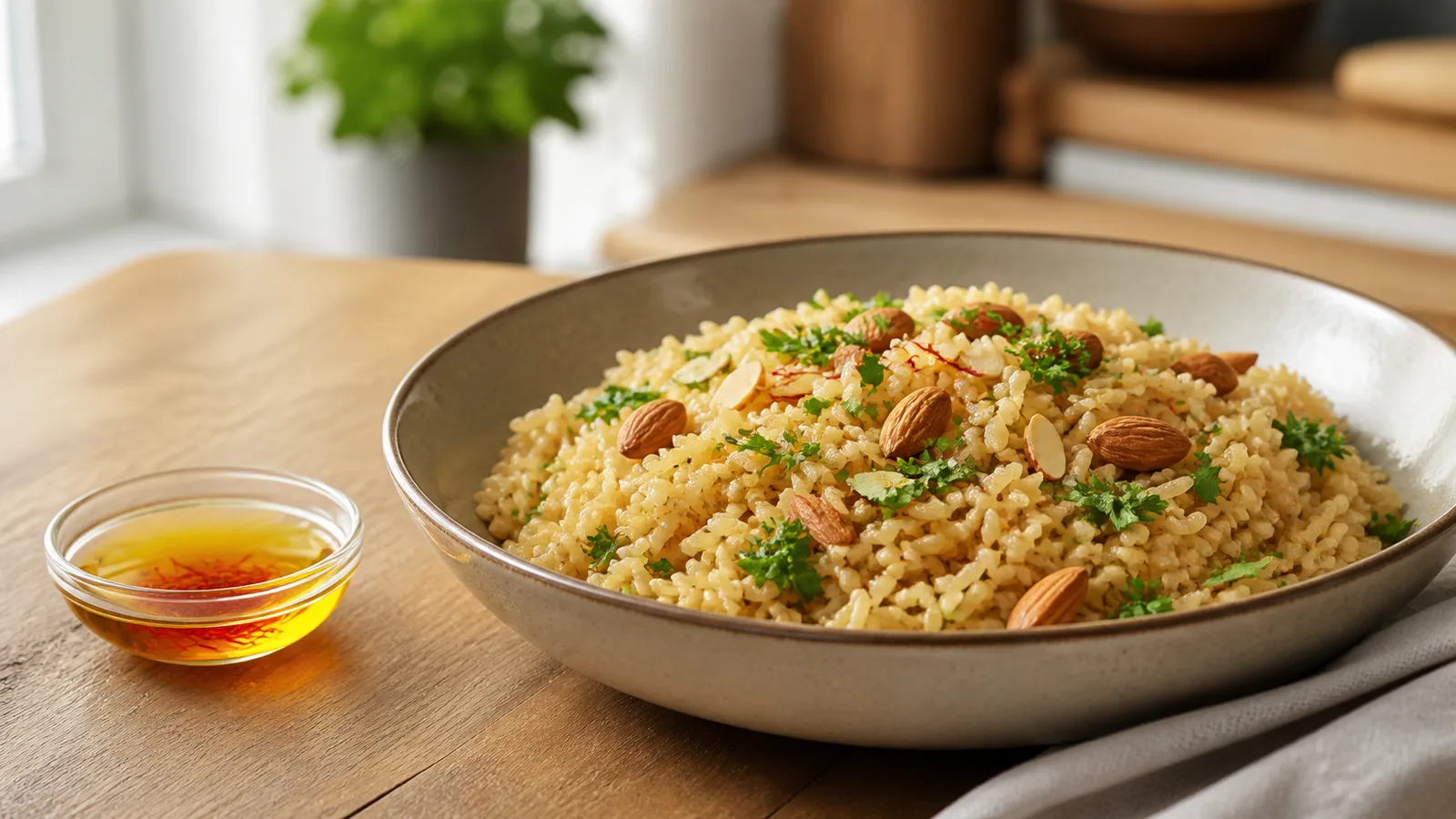 Bowl of saffron brown rice beside saffron infusion