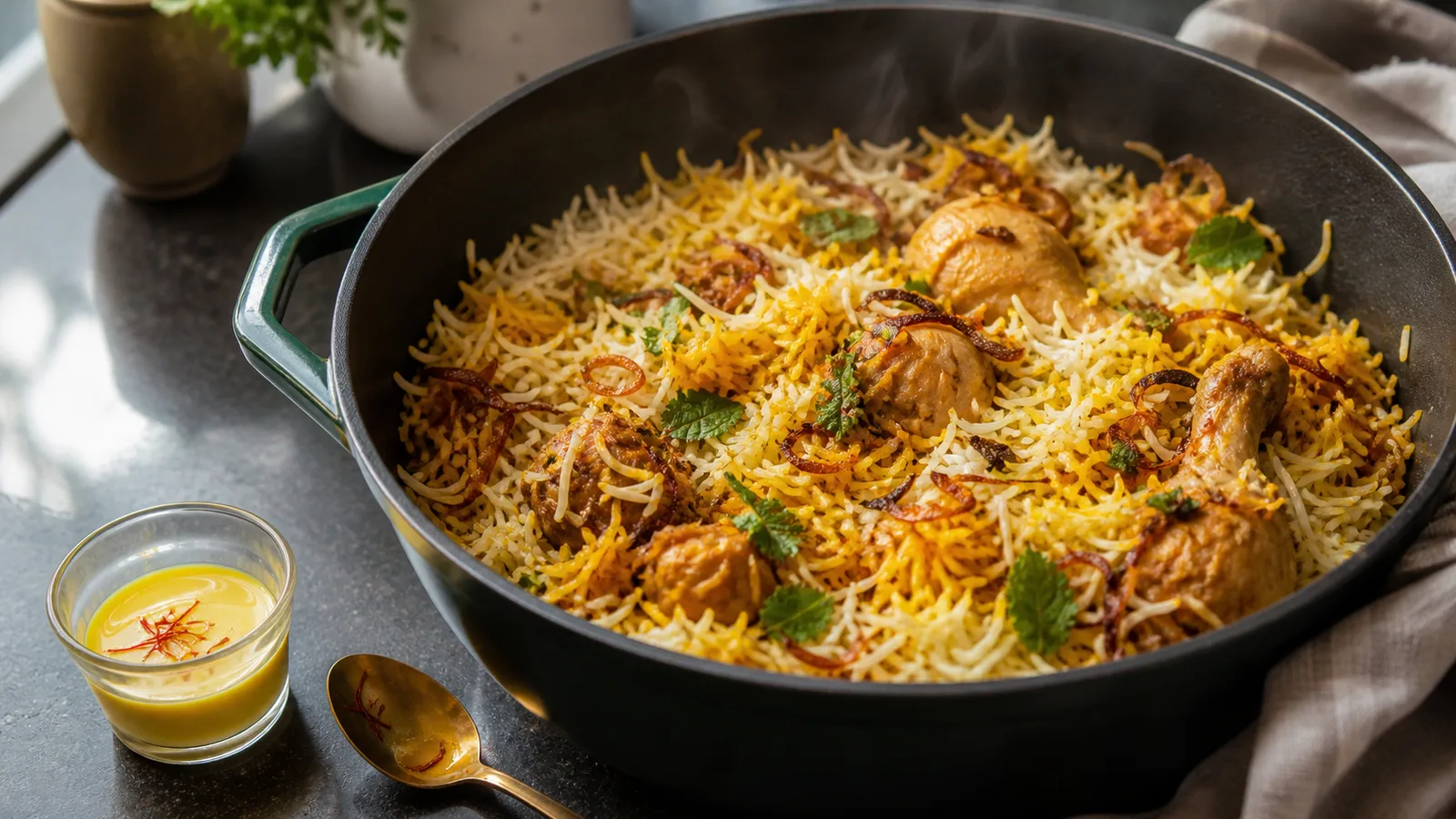 Biryani pot beside a small glass of saffron milk