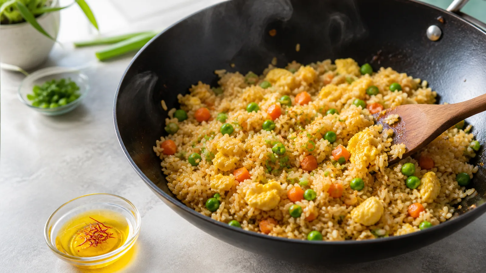 Saffron fried rice with egg, peas, and carrots