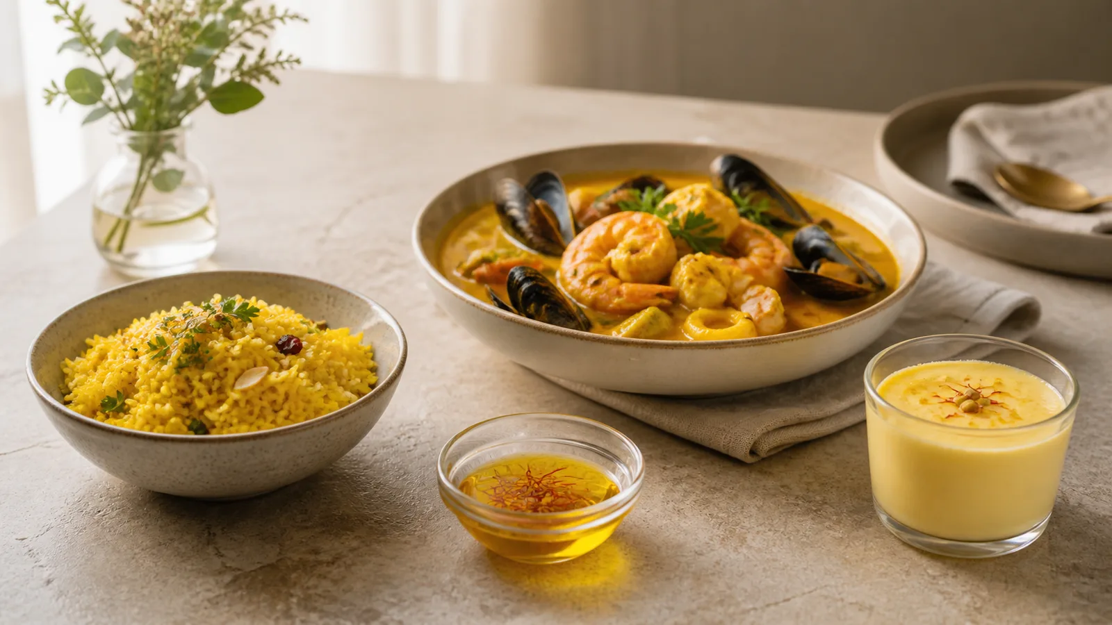 Saffron rice, seafood stew, custard, and infusion