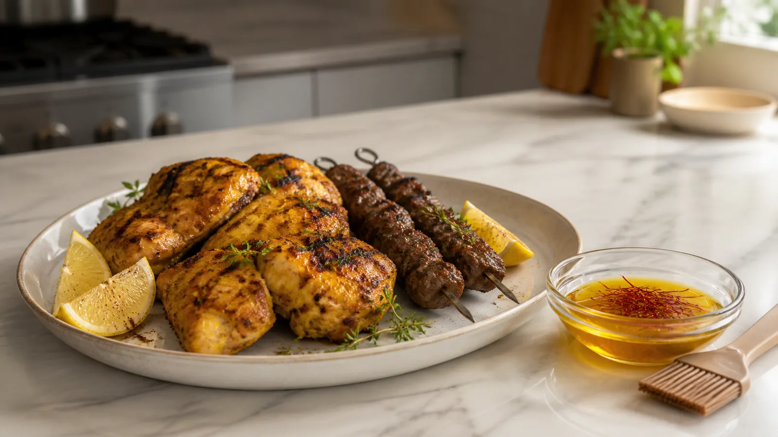 Saffron-marinated chicken and lamb beside marinade