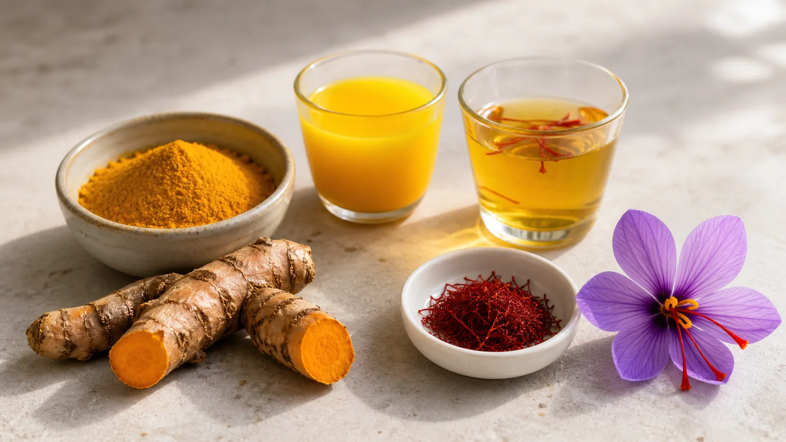 Turmeric rhizomes and powder beside saffron threads
