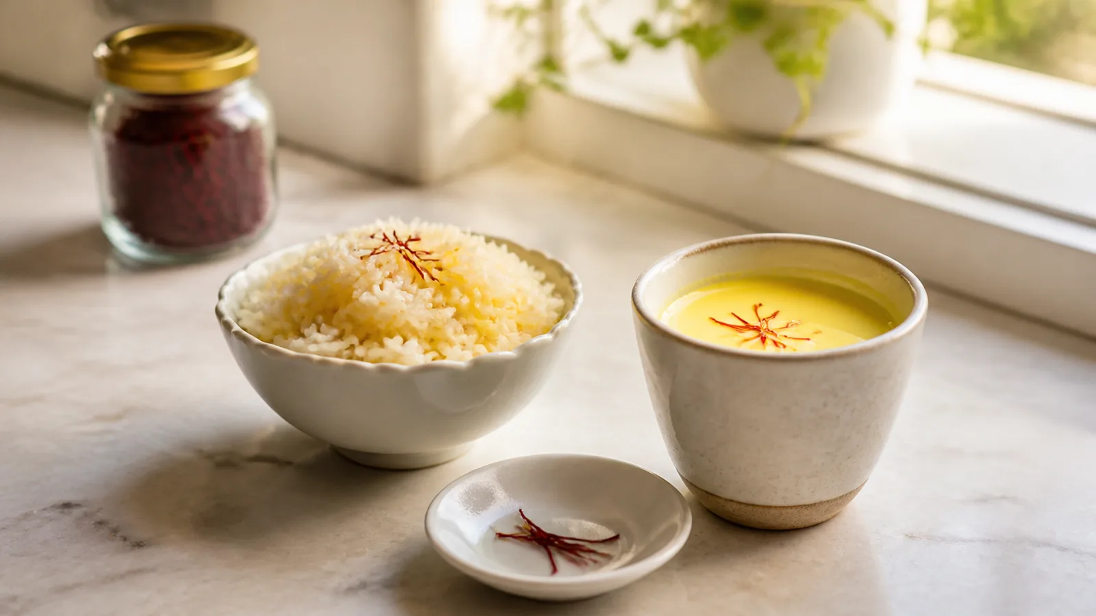 Small saffron portion beside rice and saffron milk