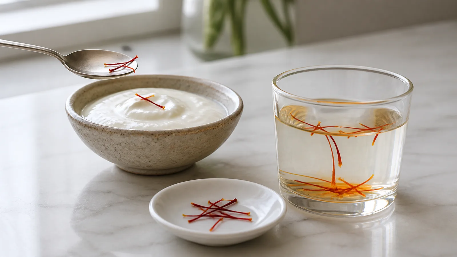 A few saffron threads beside yogurt and saffron infusion