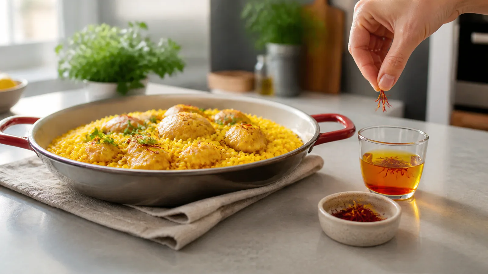 A small pinch of saffron measured beside a rice dish