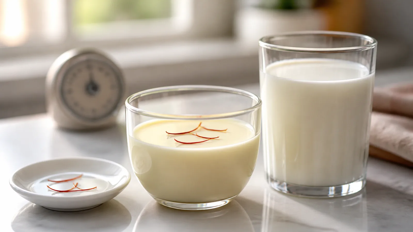 Saffron threads steeping in a glass of warm milk