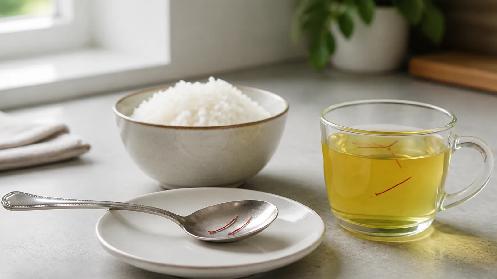 Two saffron threads on a spoon beside rice and saffron infusion